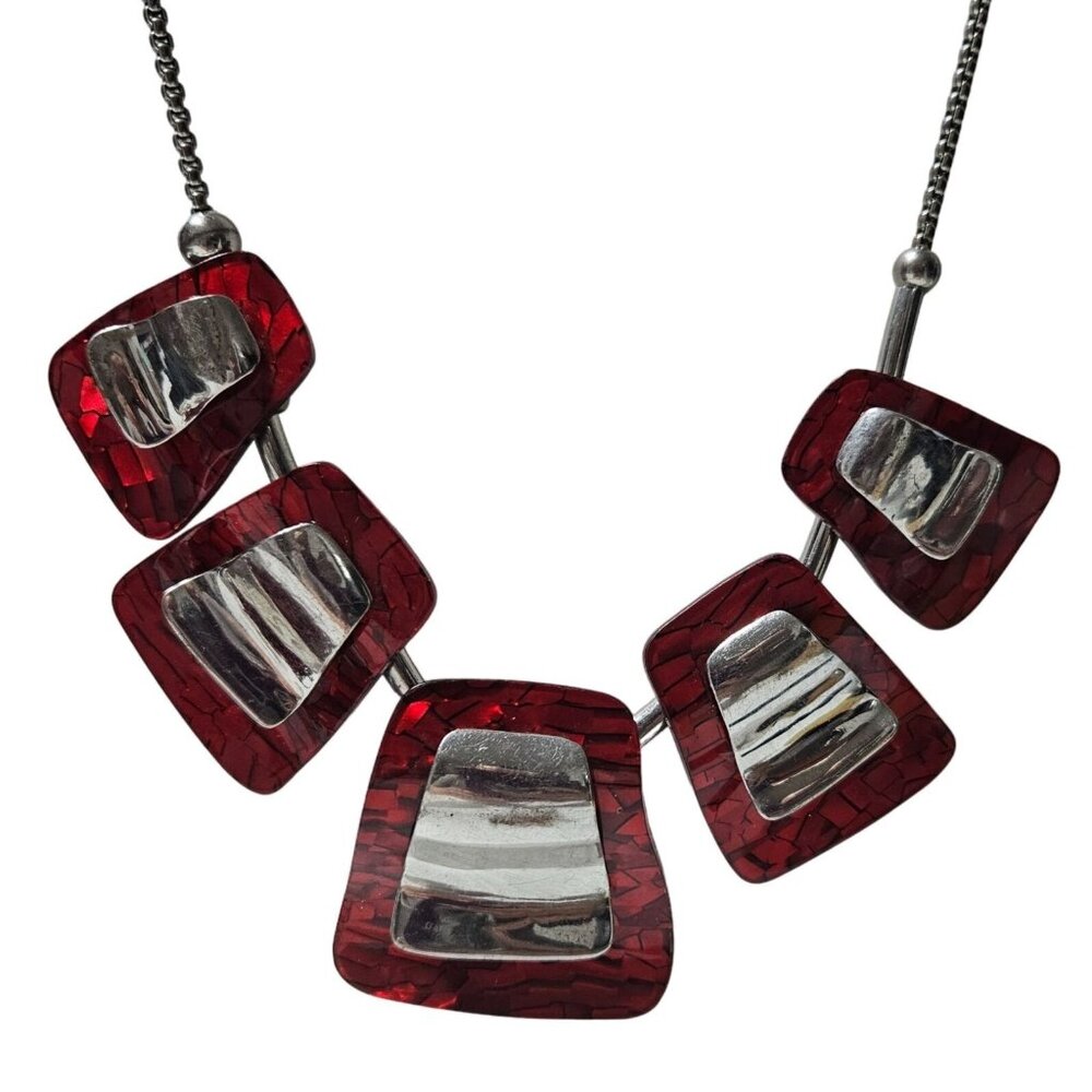 Art Deco Red Silver Chunky Geometric Pendant Necklace Statement Fashion Jewelry